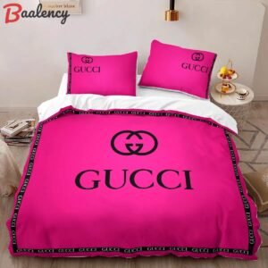 Gucci pinky fashion logo luxury brand bedding sets, bedroom decor , thanksgiving decorations for home  best luxury bed sets gift thankgivings and christmas Bedding Sets
