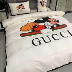 Gucci white mickey new hot logo luxury brand high-end bedding sets, bedroom decor , thanksgiving decorations for home  best luxury bed sets gift thankgivings and christmas Bedding Sets