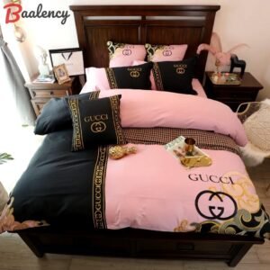 Gucci black and pinky luxury brand bedding sets bedspread duvet cover set, bedroom decor , thanksgiving decorations for home Bedding Sets