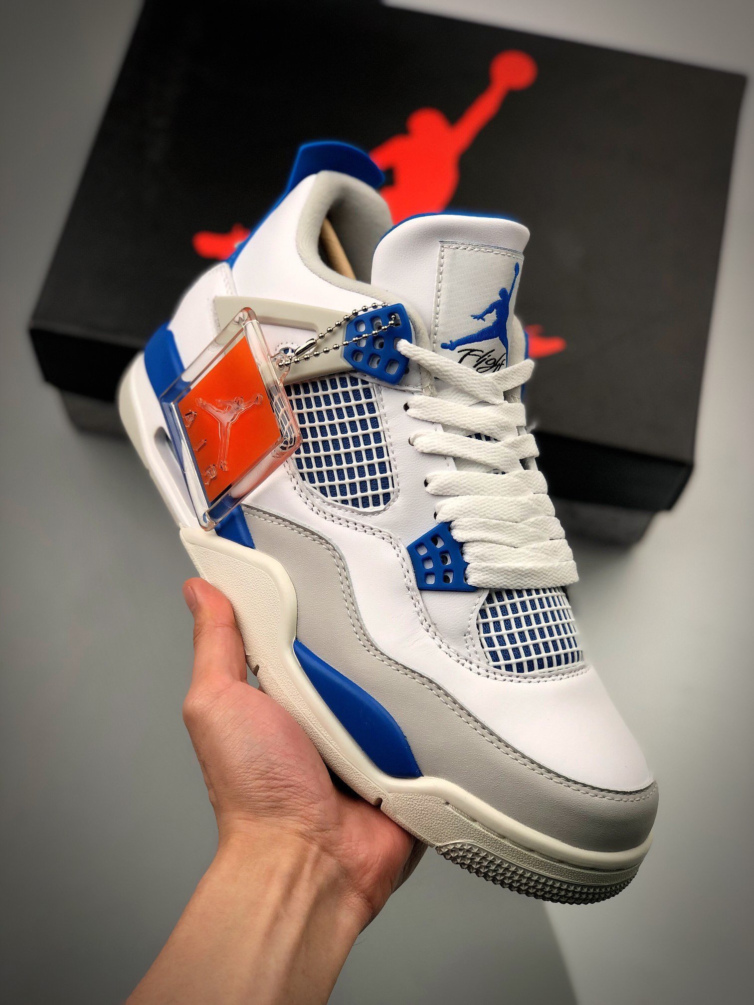 Air Jordan 4 Retro White/Neutral Grey-Military Blue 308497-105