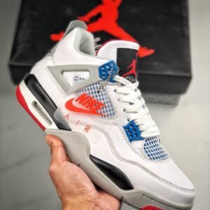 Air Jordan 4 ” What The” White/Fire Red-Tech Grey-Military Blue