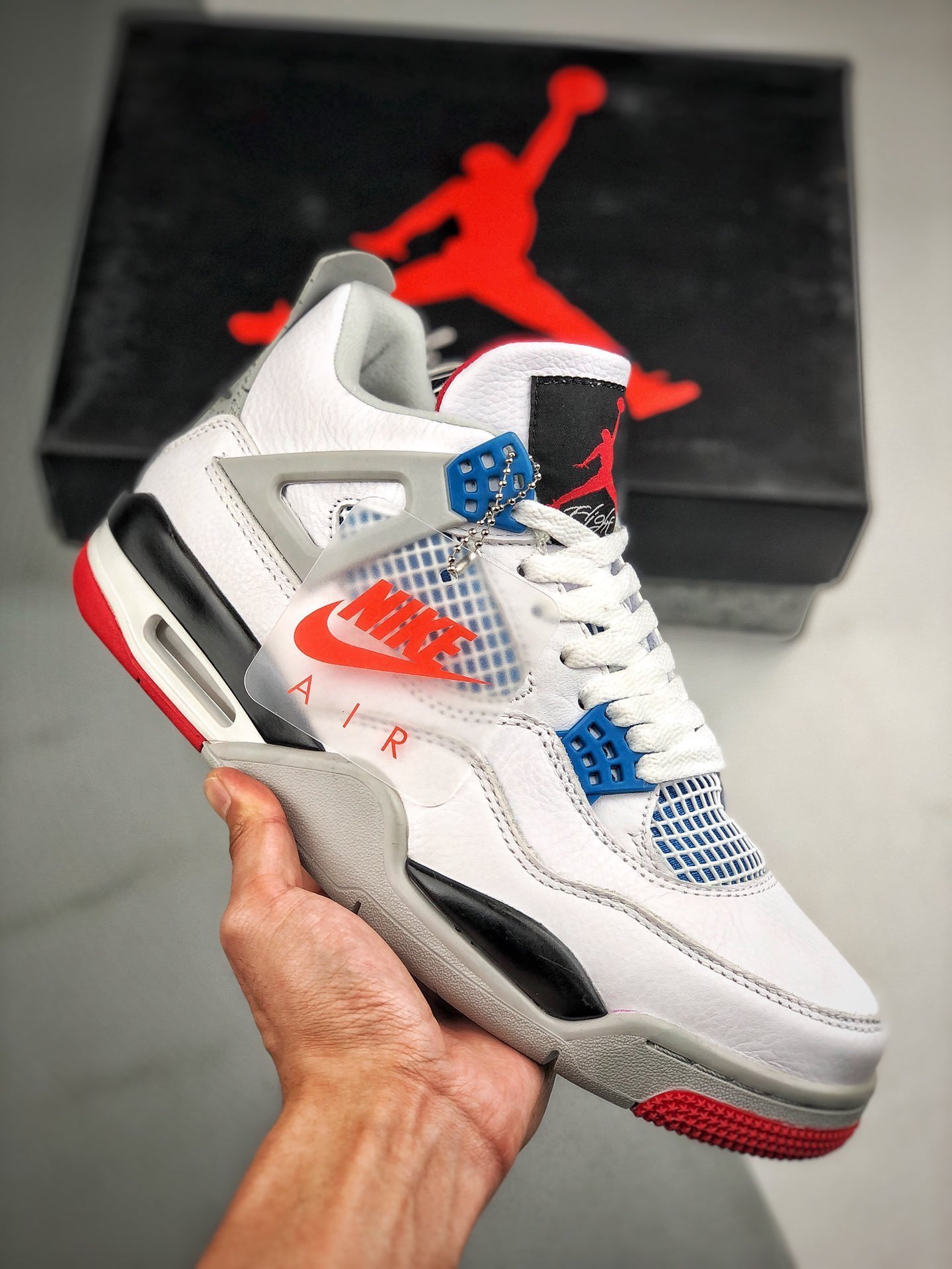 Air Jordan 4 ” What The” White/Fire Red-Tech Grey-Military Blue