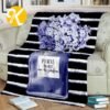 Chanel No.5 Blue Perfume Bottle With Blue Hydrangea In Black And White Stripes Background Blanket
