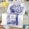 Chanel No.5 Blue Perfume Bottle With Blue Hydrangea In White Background Blanket