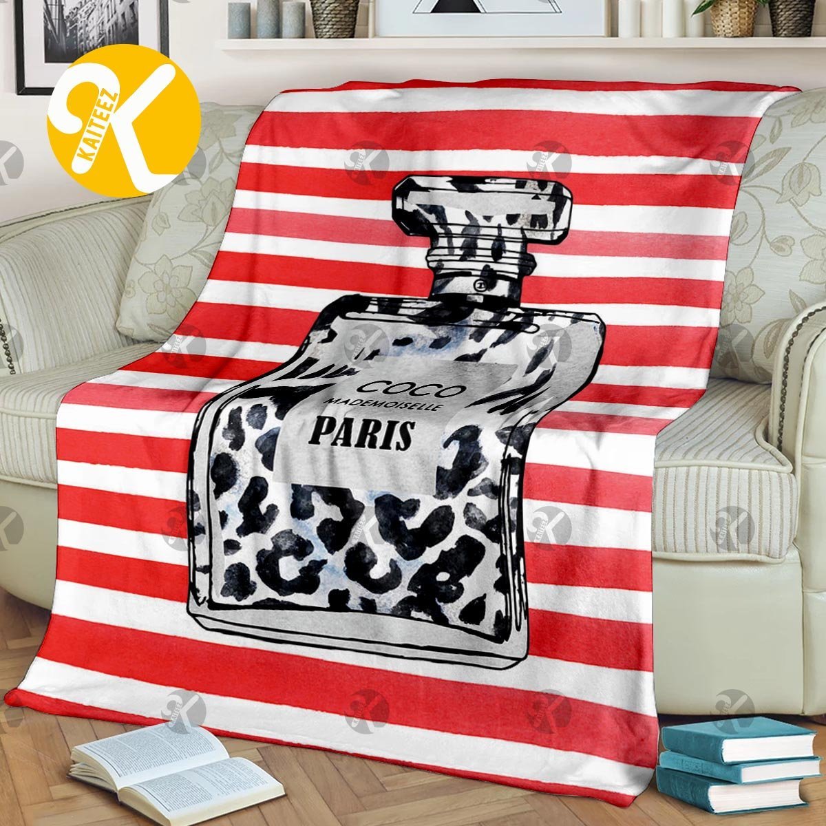 Chanel No.5 Leopard Print Perfume Bottle On Red And White Stripes Background Blanket