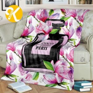 Chanel No.5 Perfume Bottle On Watercolor Magnolia Pattern Background Blanket