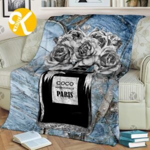 Chanel No.5 Perfume Bottle With Grey Flowers In Blue And Silver Marble Background Blanket