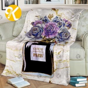 Chanel No.5 Perfume Bottle With Purple And Blue Flowers In White And Golden Marble Background Blanket