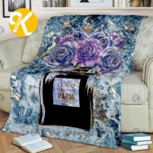 Chanel No.5 Perfume Bottle With Purple Flowers In Blue And Golden Marble Background Blanket