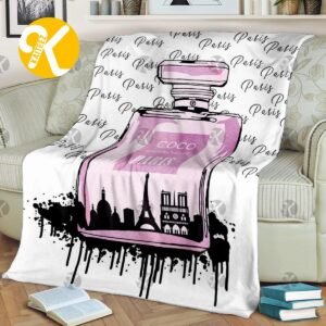 Chanel No.5 Pink Perfume Bottle Paris Skyline Pattern In White Background Blanket