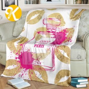 Chanel No.5 Pink Perfume Bottle With Golden Lips Pattern In White Background Blanket