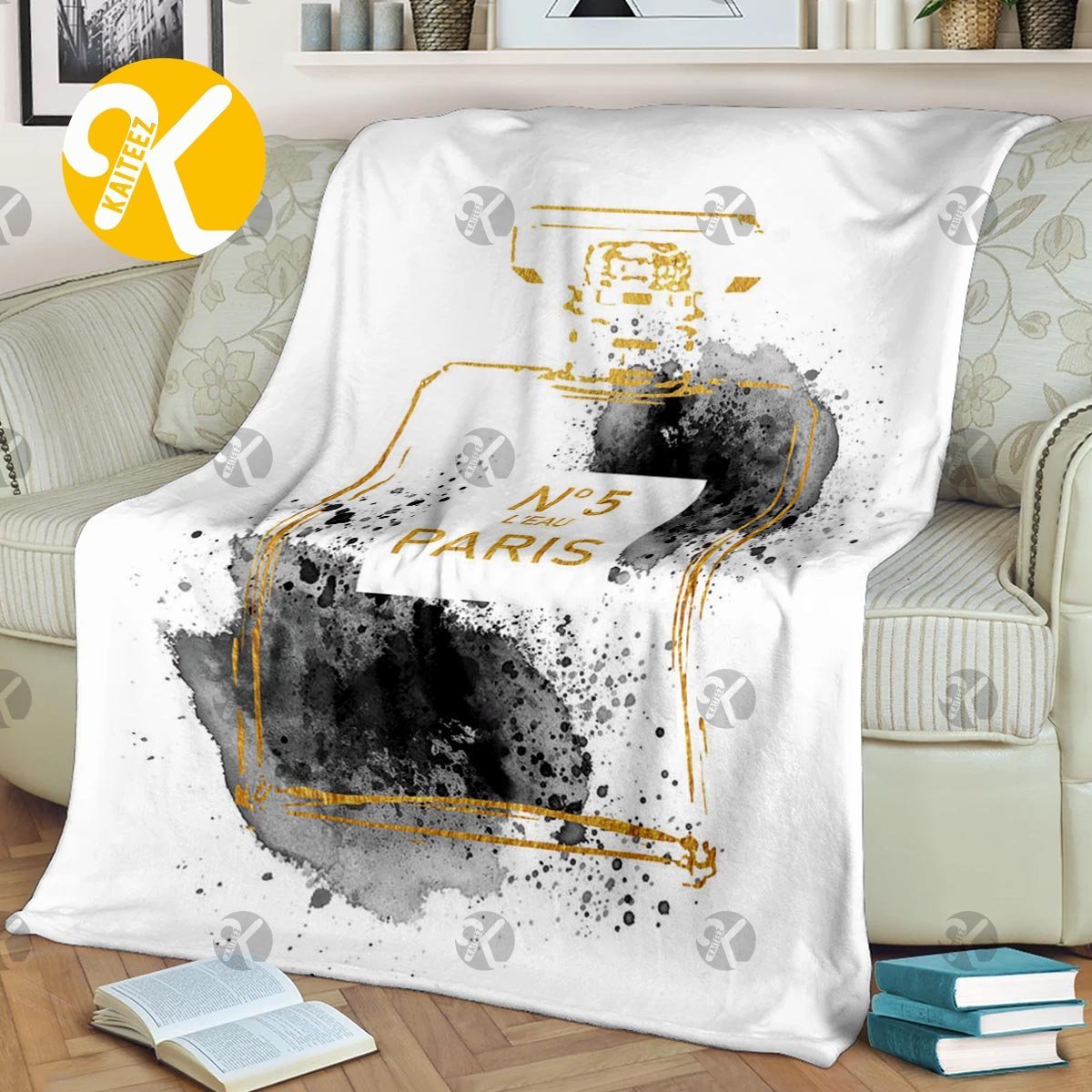 Chanel No.5 Watercolor Black And White Watercolr Splatter Perfume Bottle In White Background Blanket