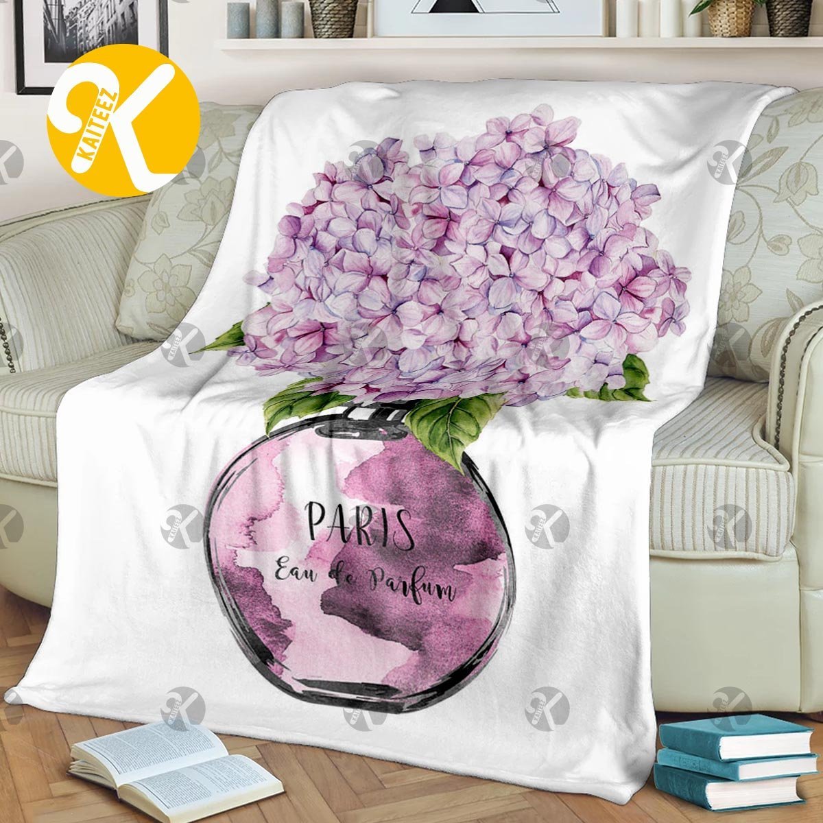 Chanel Perfume Bottle With Hydrangea In White Background Blanket