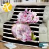 Chanel Perfume Bottle With Magnolias In Black And White Stripes Background Blanket