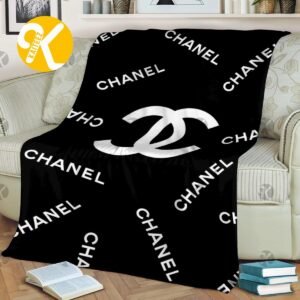Chanel White Big Logo With Chanel Pattern In Black Background Blanket